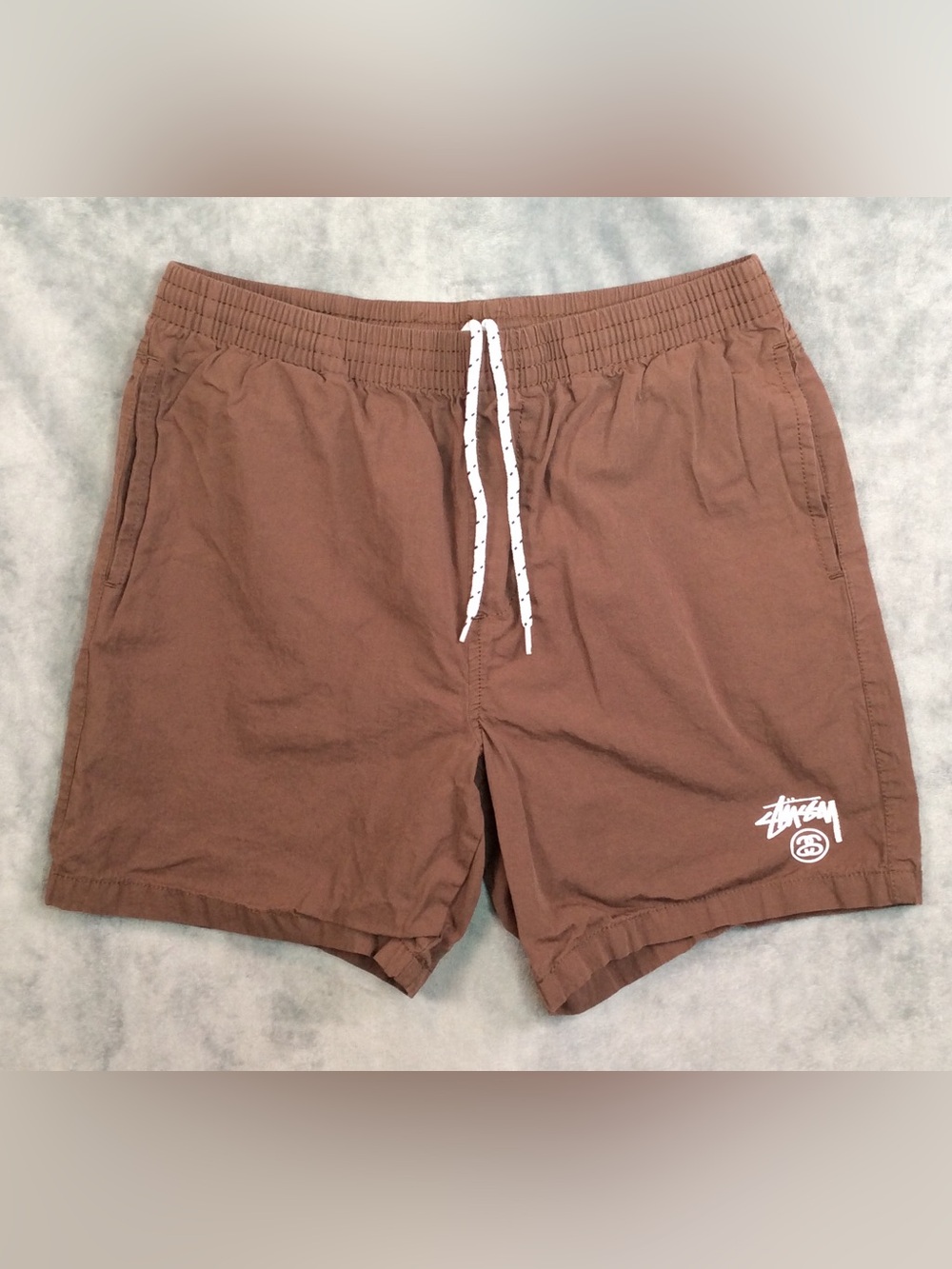 Stussy Youth size large 10-12 Brown Elastic Waist Shorts with Black Logo Label